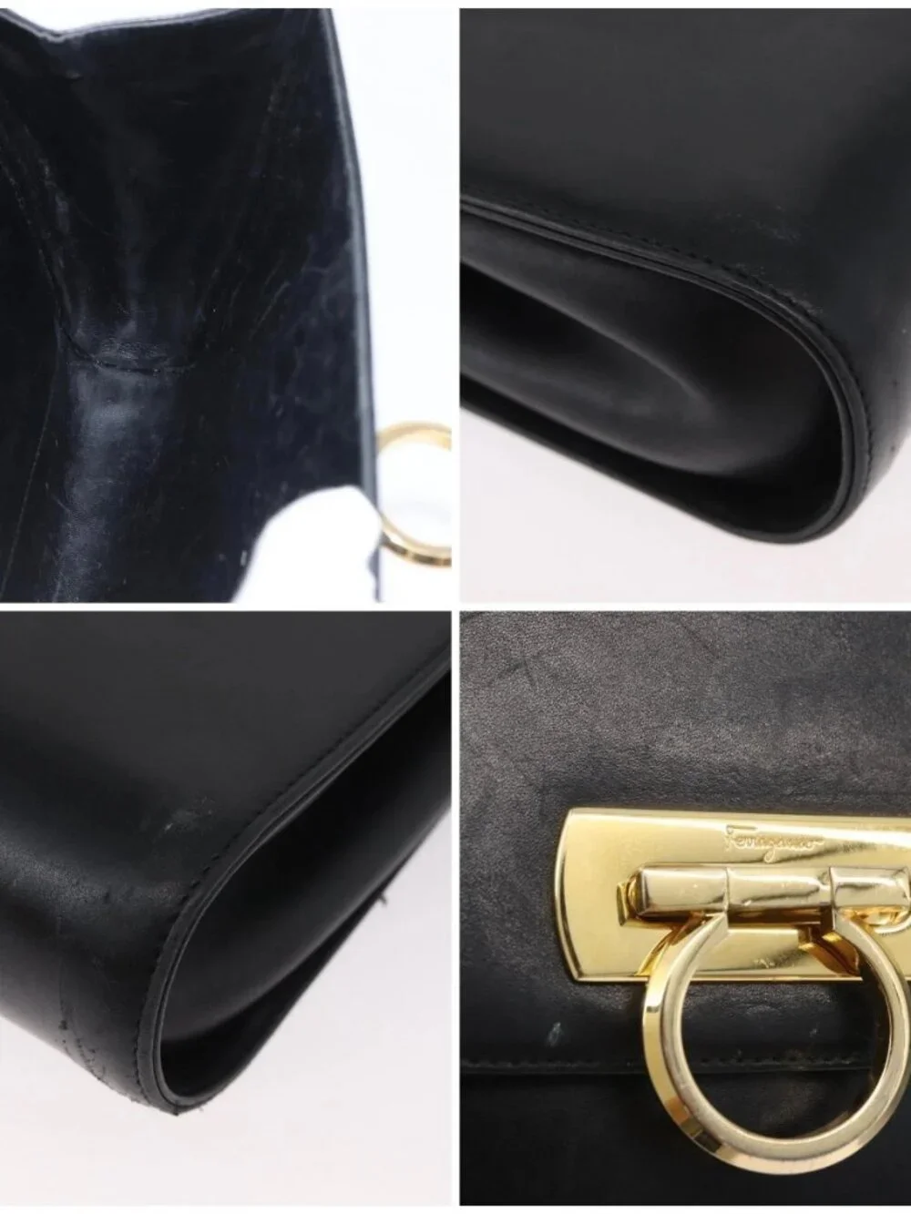 Salvatore Ferragamo Gancini Shoulder Bag Leather Black Gold Auth LNZ598